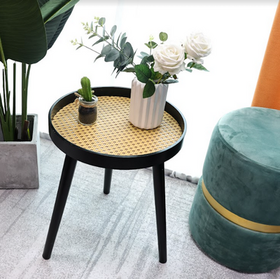 Cane & Black Round Side Table