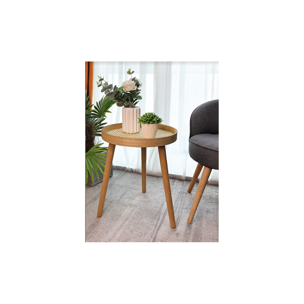 Cane Oak Round Side Table