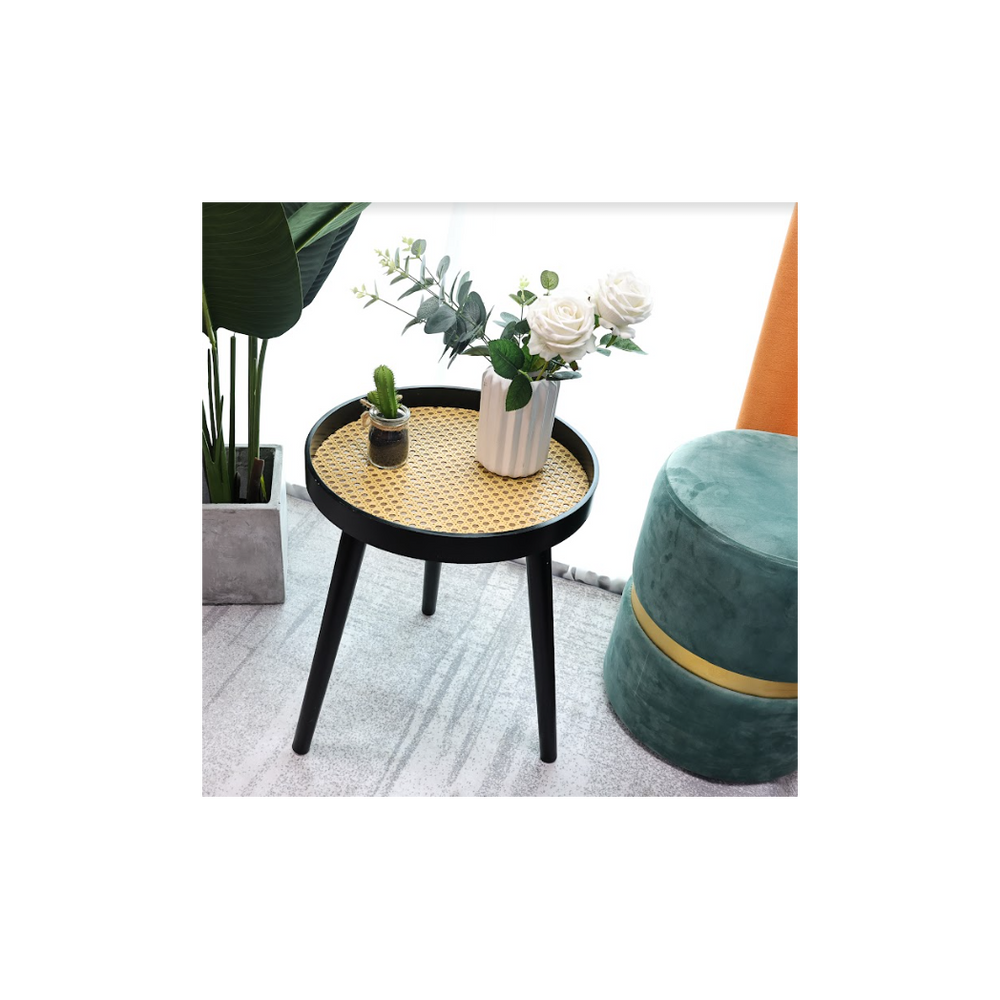 Cane & Black Round Side Table