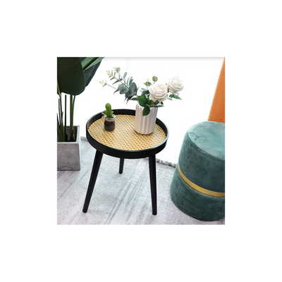 Cane & Black Round Side Table