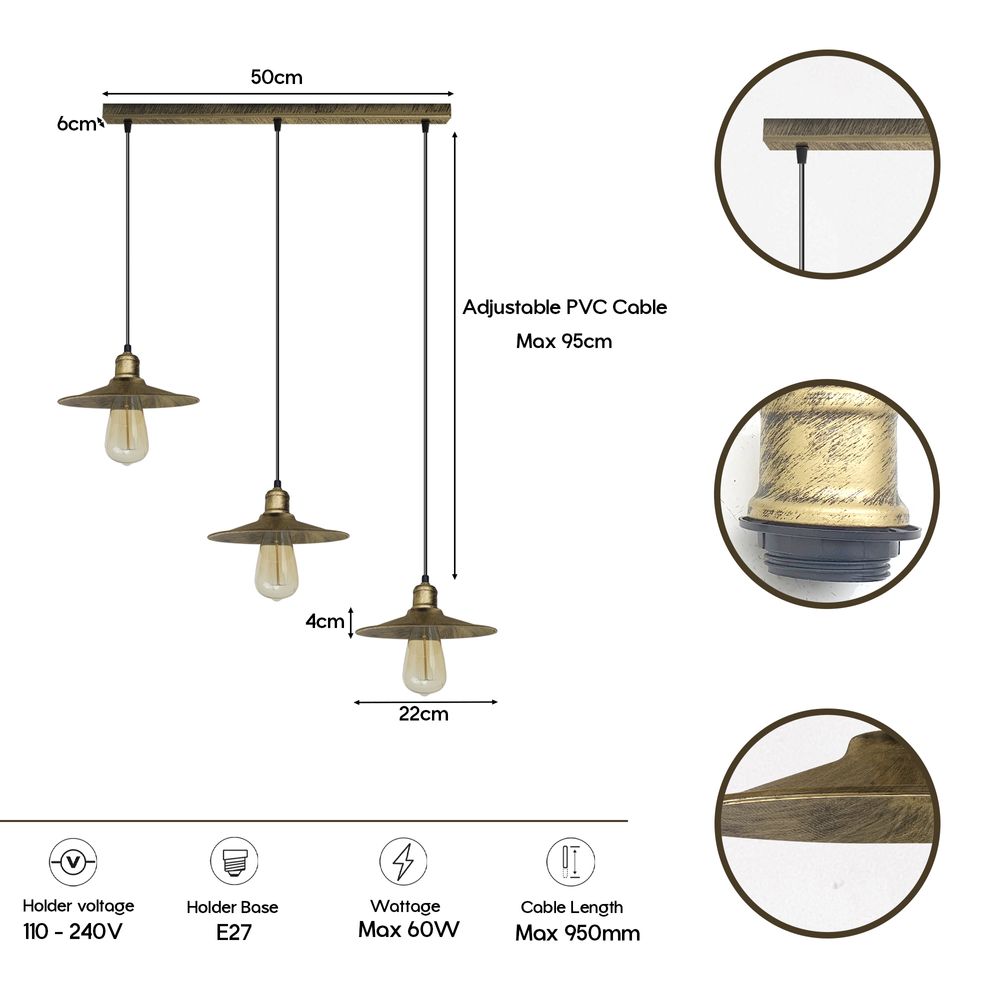 Brushed Brass Ceiling 3 Pendants