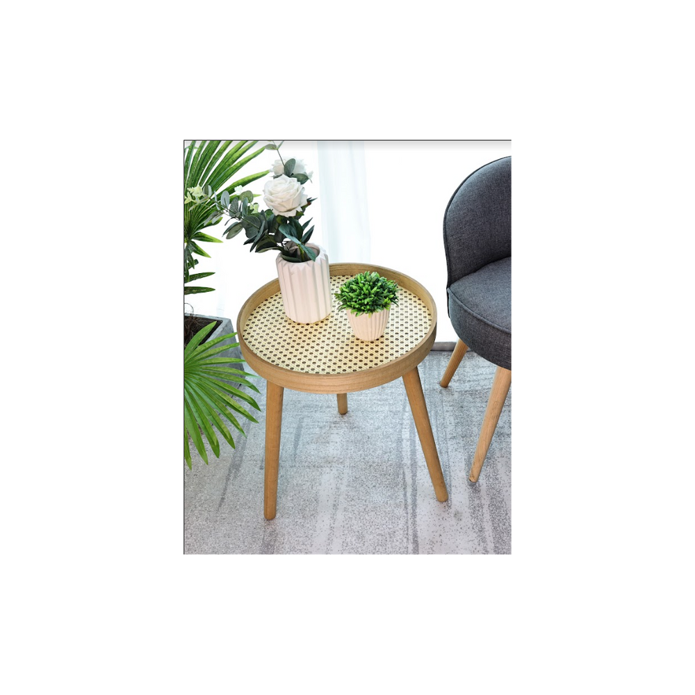 Cane Oak Round Side Table