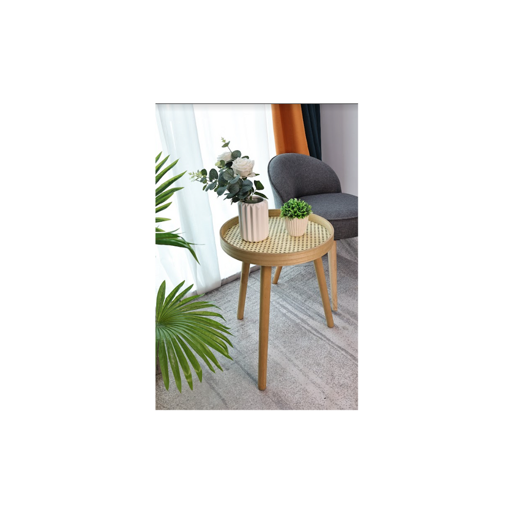 Cane Oak Round Side Table