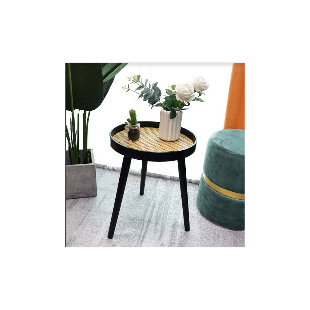 Cane & Black Round Side Table