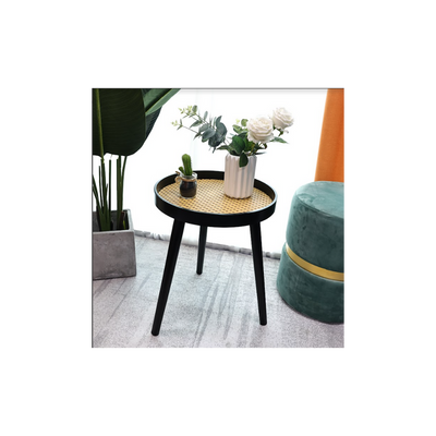 Cane & Black Round Side Table