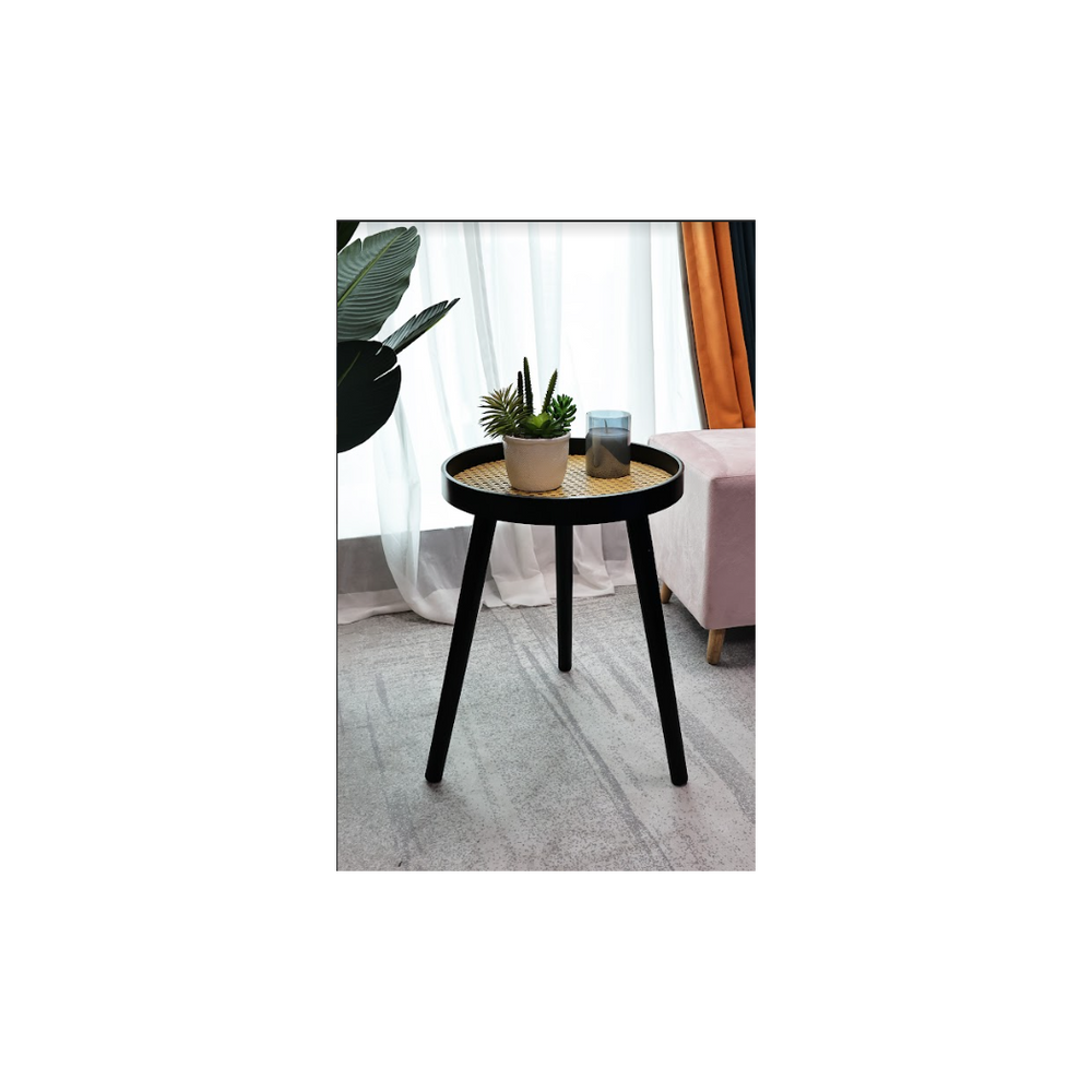 Cane & Black Round Side Table